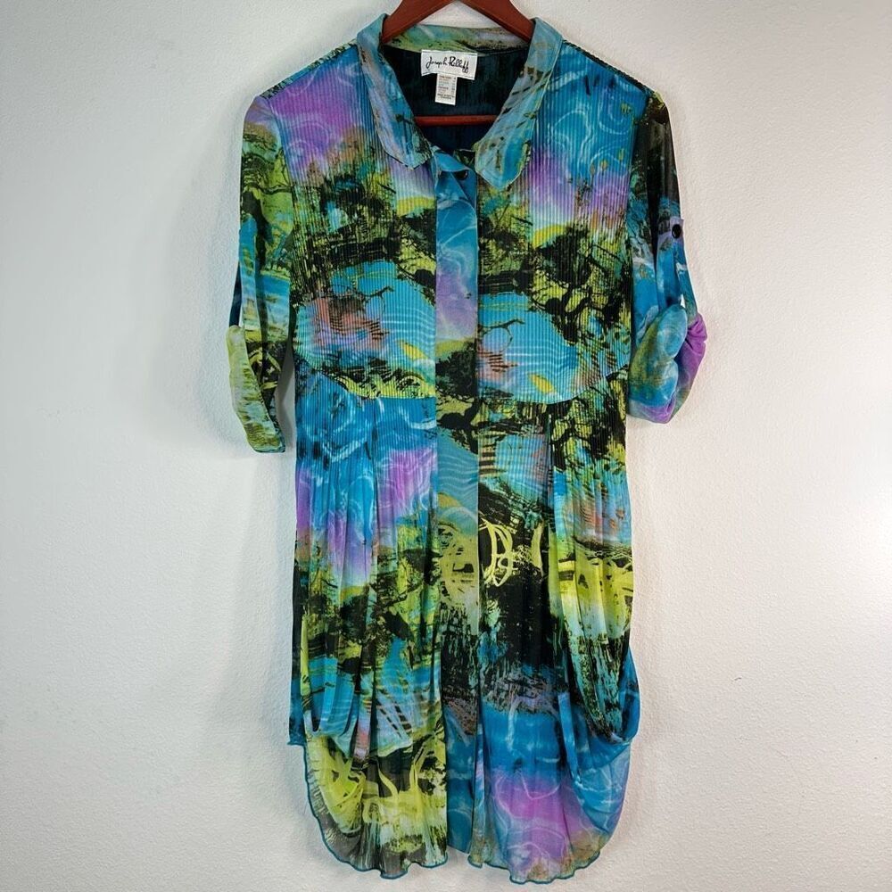 Joseph Ribkoff Tropical Art to Wear Button Front Tunic Top Womens 8 Boho Chic